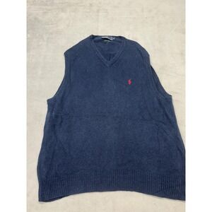 Polo Ralph Lauren Mens XL V Neck Sleeveless Sweater Vest Navy Blue Linen Cotton